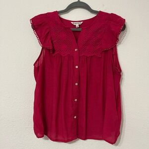Nanette Lepore Red Eyelet Ruffle Blouse Boho cottage core Feminine Top Size L